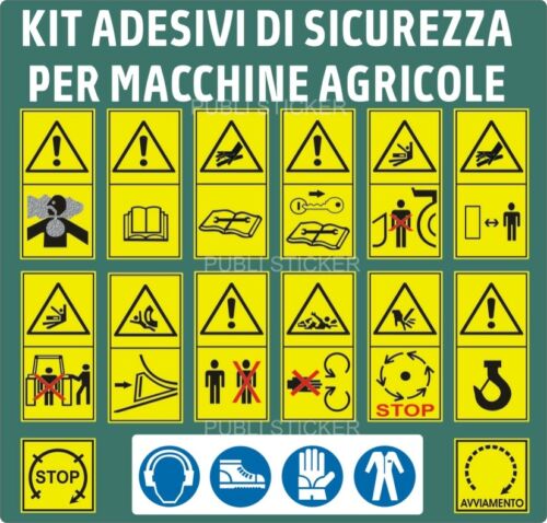 15 PITTOGRAMMI ADESIVI DI PERICOLO ISO 11684 PER MACCHINE AGRICOLE E FORESTALI