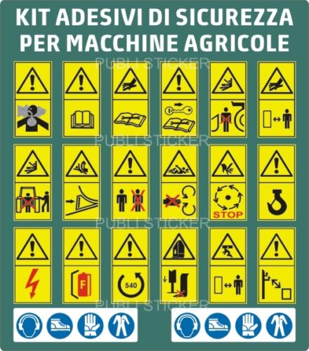 20 PITTOGRAMMI ADESIVI DI PERICOLO ISO 11684 PER MACCHINE AGRICOLE E FORESTALI