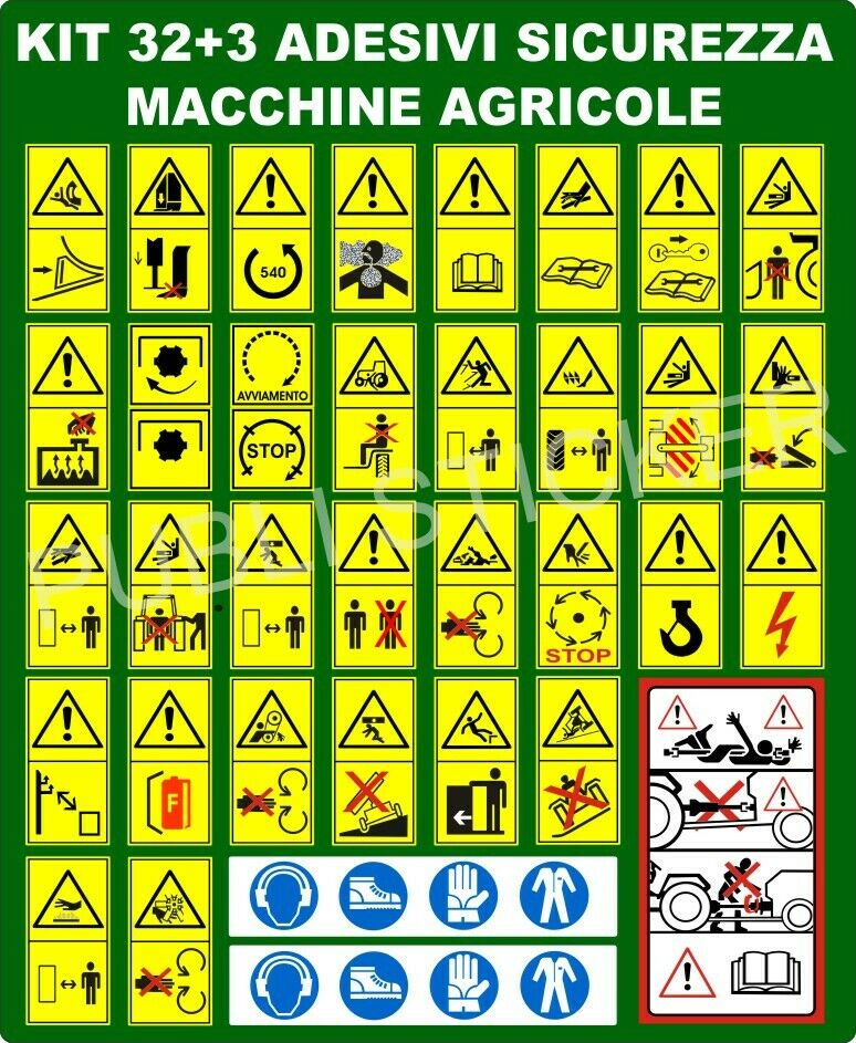 35 PITTOGRAMMI ADESIVI DI PERICOLO ISO 11684 PER MACCHINE AGRICOLE E FORESTALI