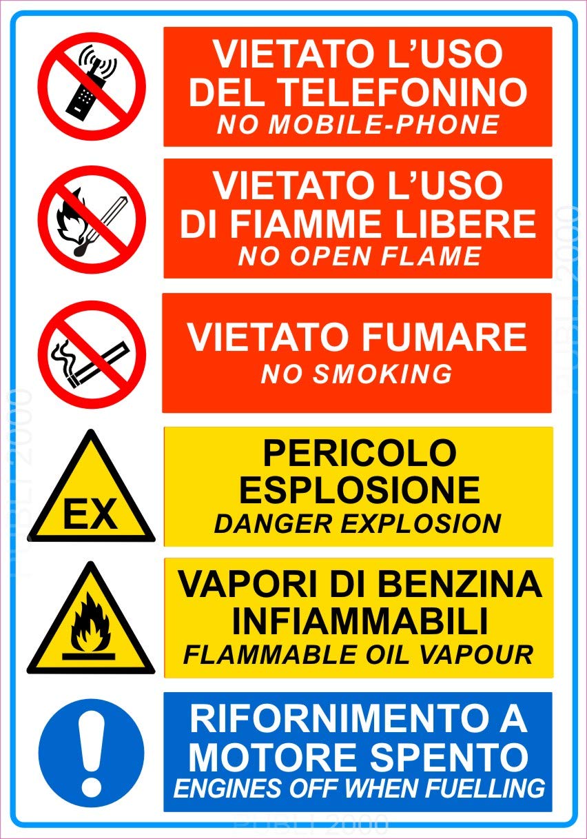 ADESIVO NORMATIVA DI SICUREZZA DA SEGUIRE IN PROSSIMITA' DELLA POMPA DI BENZINA 21X30cm